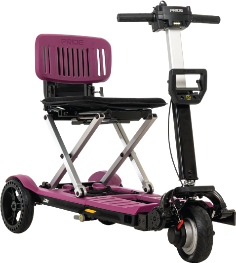 A pink i-Go Folding Scooter mobiltiy scooter.